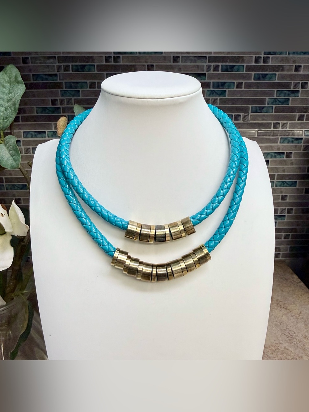 Boho Turquoise Braided Leather Cord Collar Necklace Gold Tone Slider Tube Beads